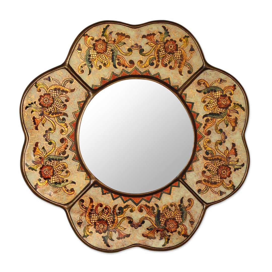 Hand Made Reverse Painted Glass Mirror from Peru - Iridescent Cajamarca Blossom