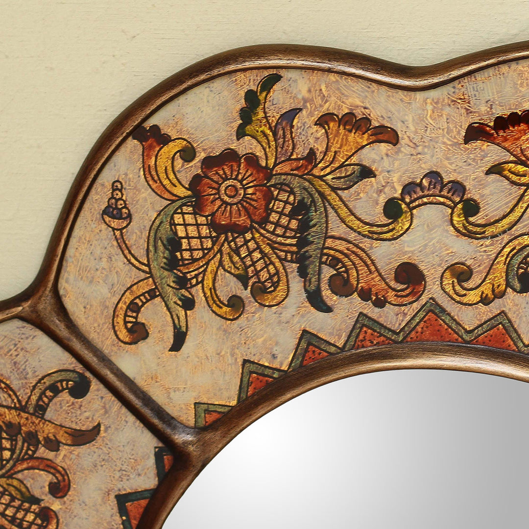 Hand Made Reverse Painted Glass Mirror from Peru - Iridescent Cajamarca Blossom
