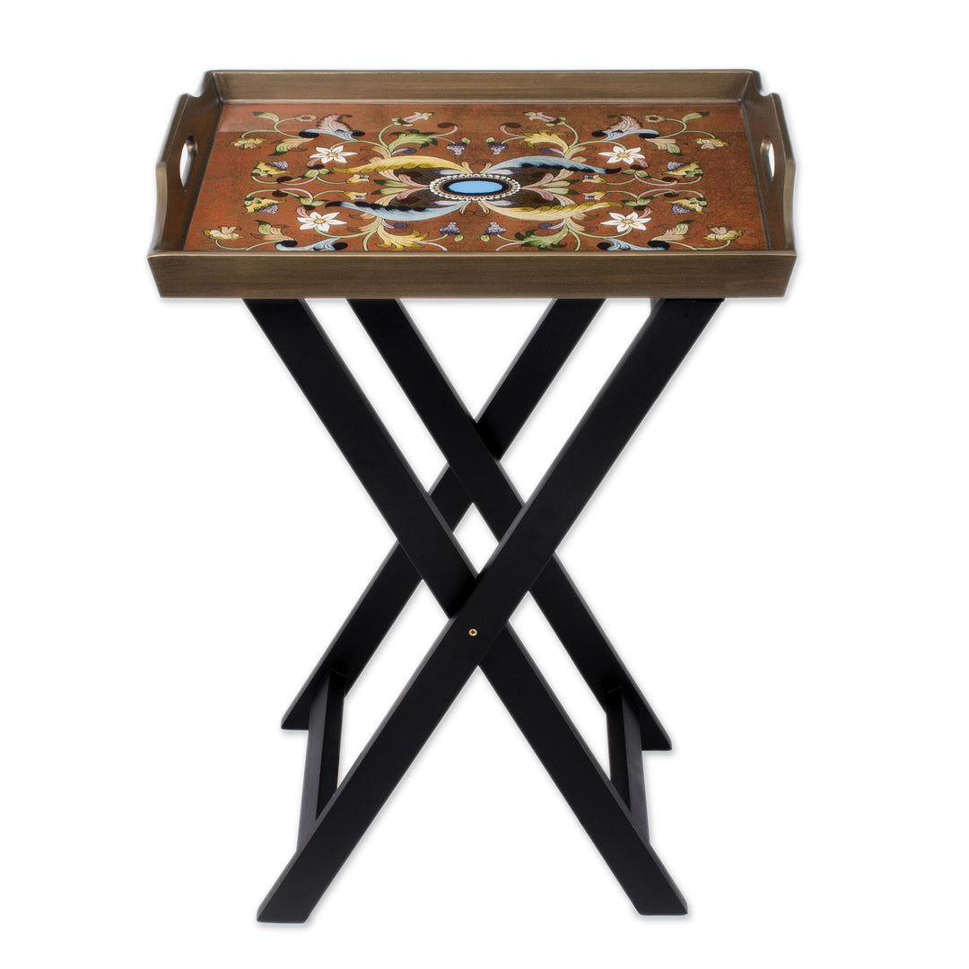 Handmade Reverse Painted Glass Wood Glass Folding Table - Scarlet Delight