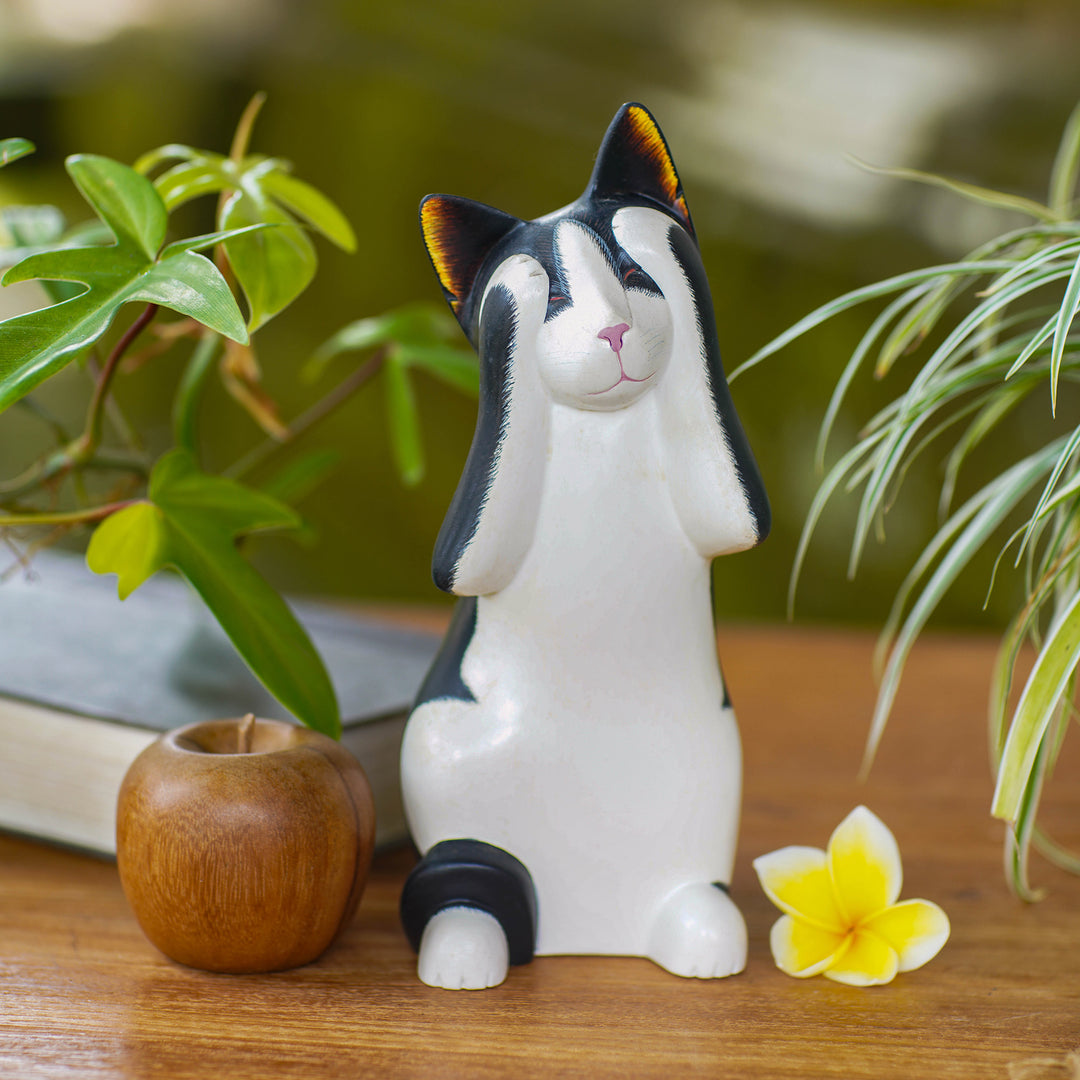Handcrafted Wood Sculpture - See No Evil Spotted Cat