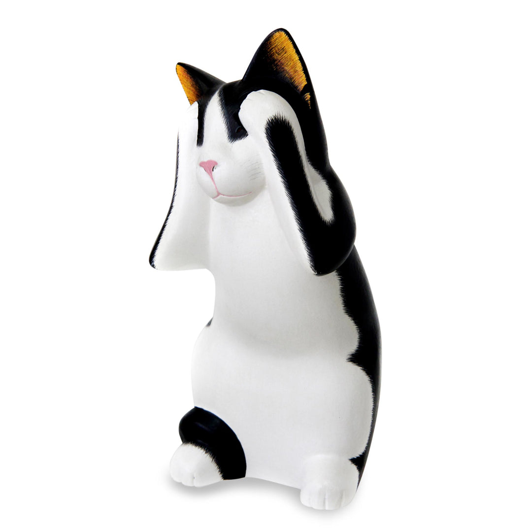 Handcrafted Wood Sculpture - See No Evil Spotted Cat
