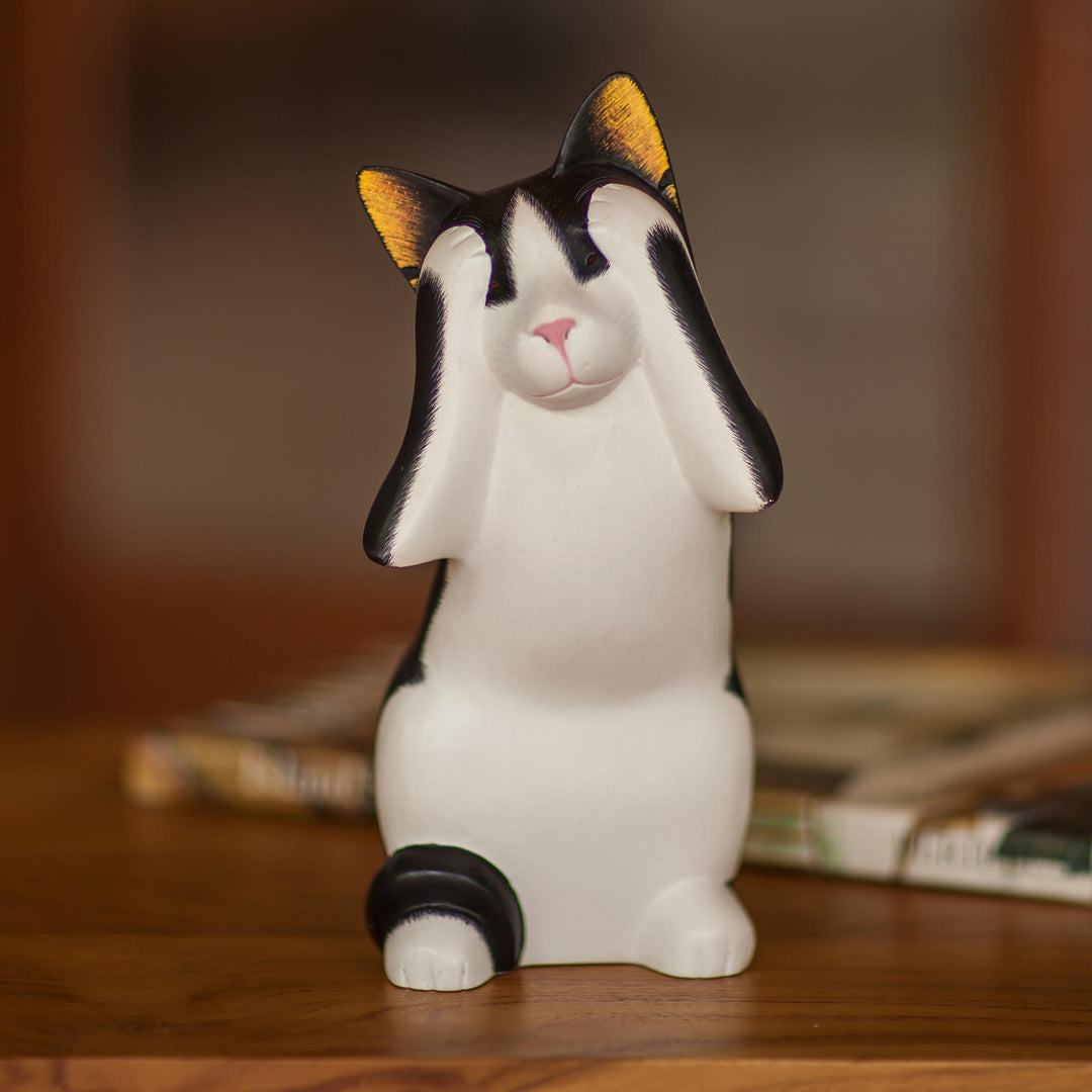 Handcrafted Wood Sculpture - See No Evil Spotted Cat