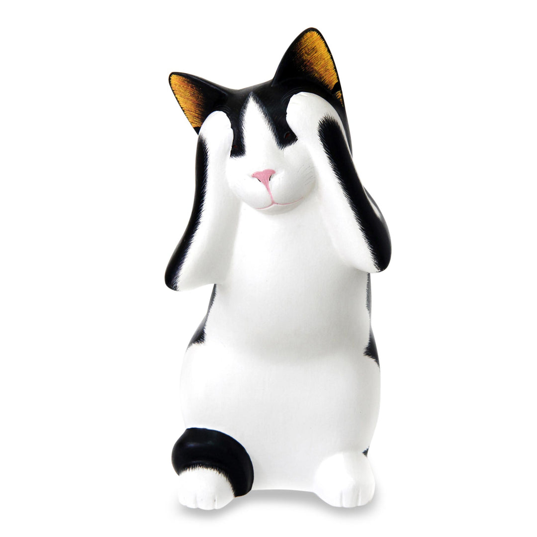 Handcrafted Wood Sculpture - See No Evil Spotted Cat