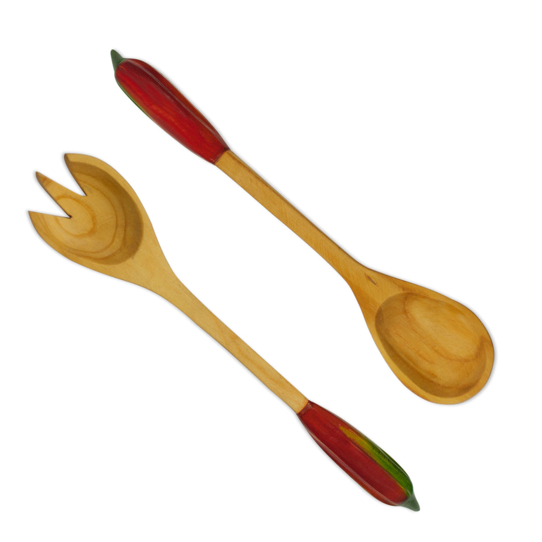 Hand Crafted Wood Salad Serving Set - Red Chili Pepper