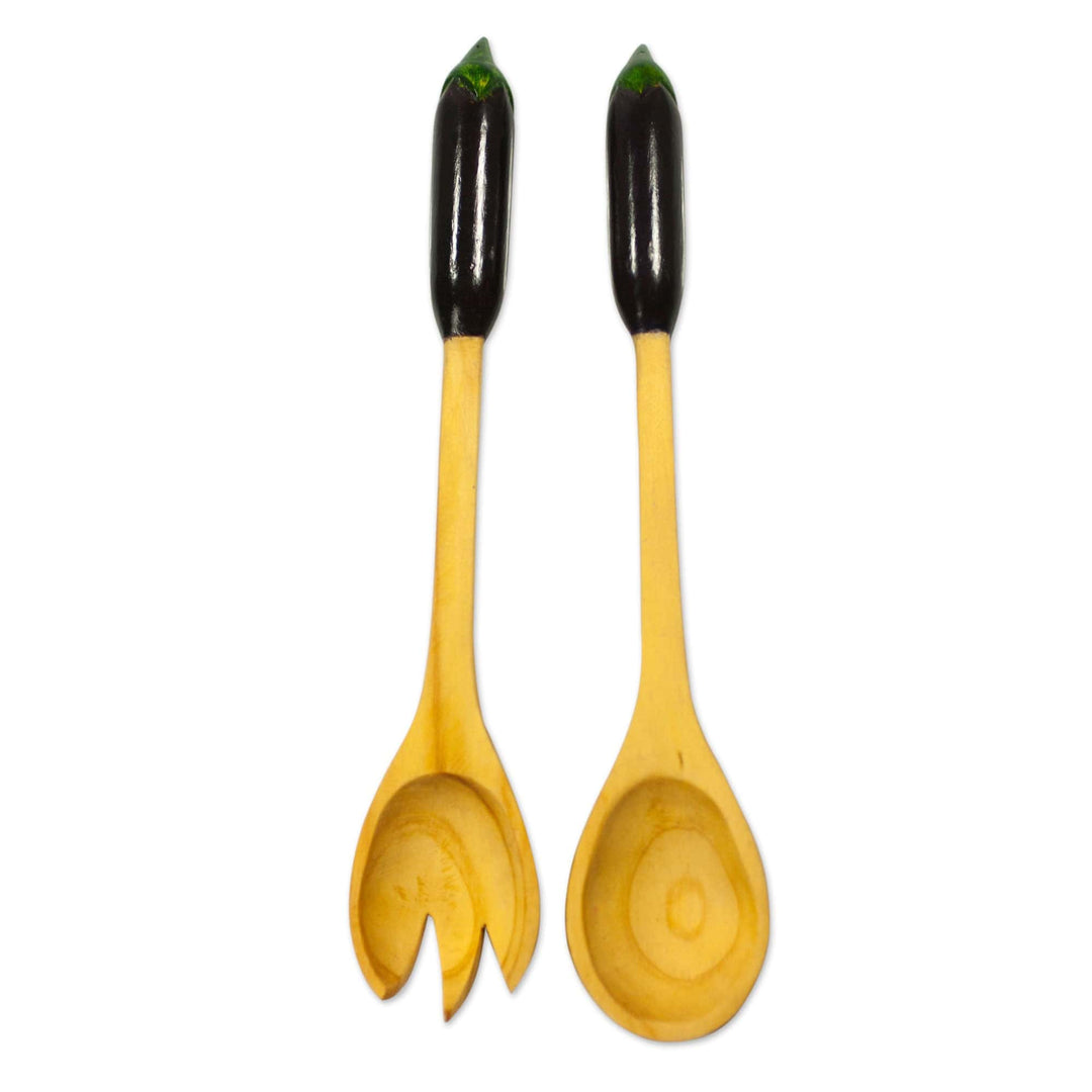 Wood salad serving set (Pair) - Eggplant