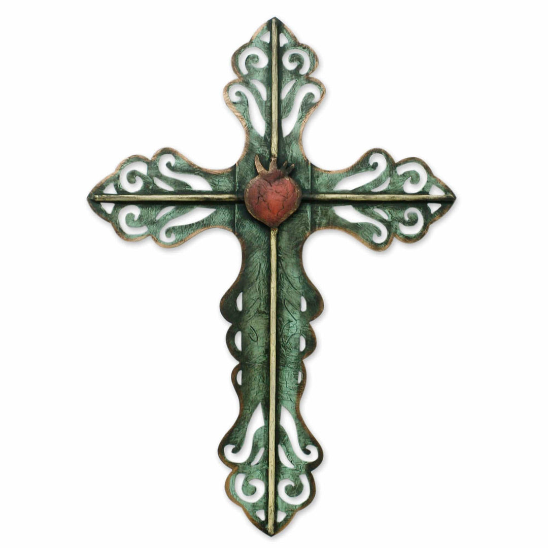 Hand Made Cross Green Religious Steel Wall Sculpture Mexico - Jesus Sacred Heart on Fire...