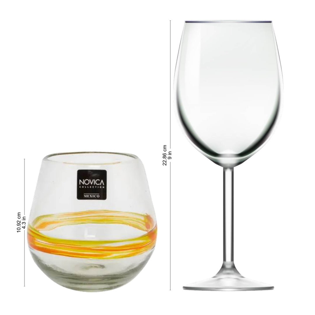 Handblown Recycled Glasses with Yellow Accents - Round Ribbon of Sunshine