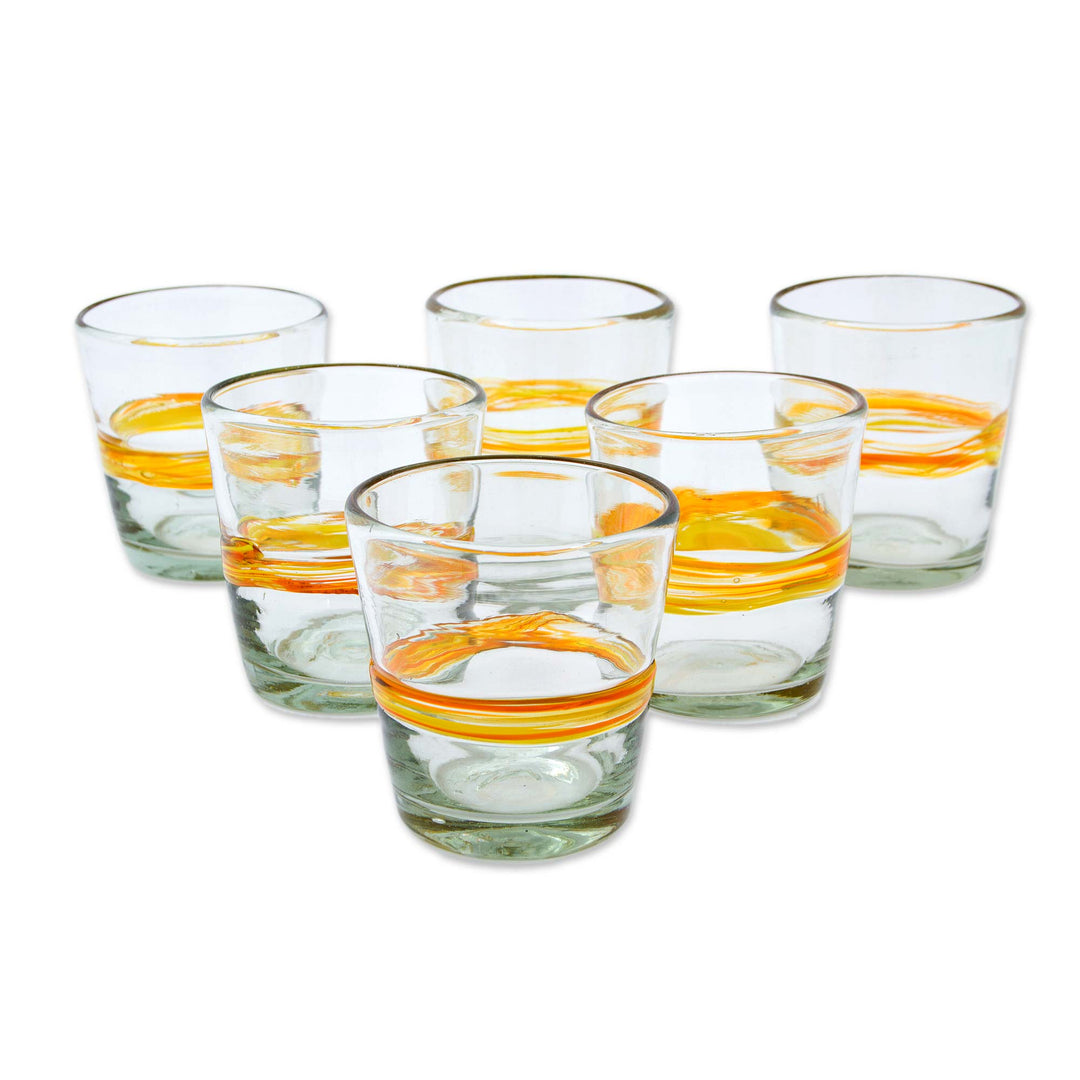Set of 6 Eco-Friendly Handblown Rock Glasses in Golden Hues - Ribbon of Sunshine