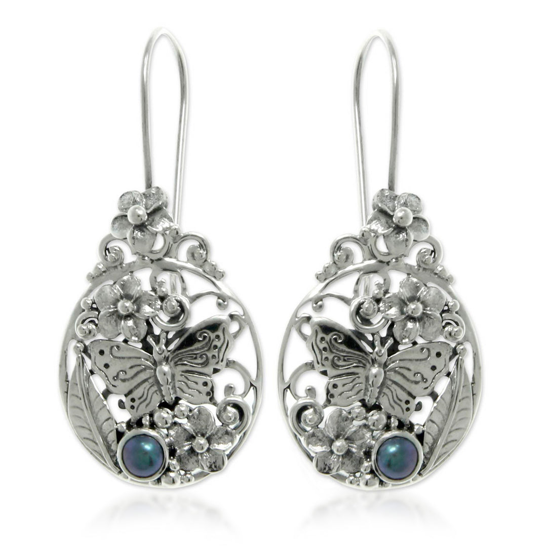 Unique Sterling Silver and Pearl Drop Earrings - Frangipani Butterfly