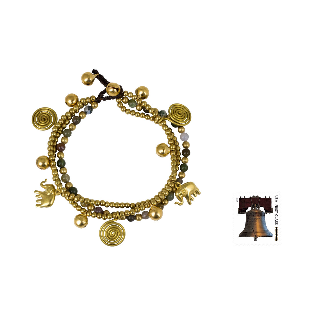 Jasper and Brass Beaded Charm Bracelet - Colorful Siam Elephants