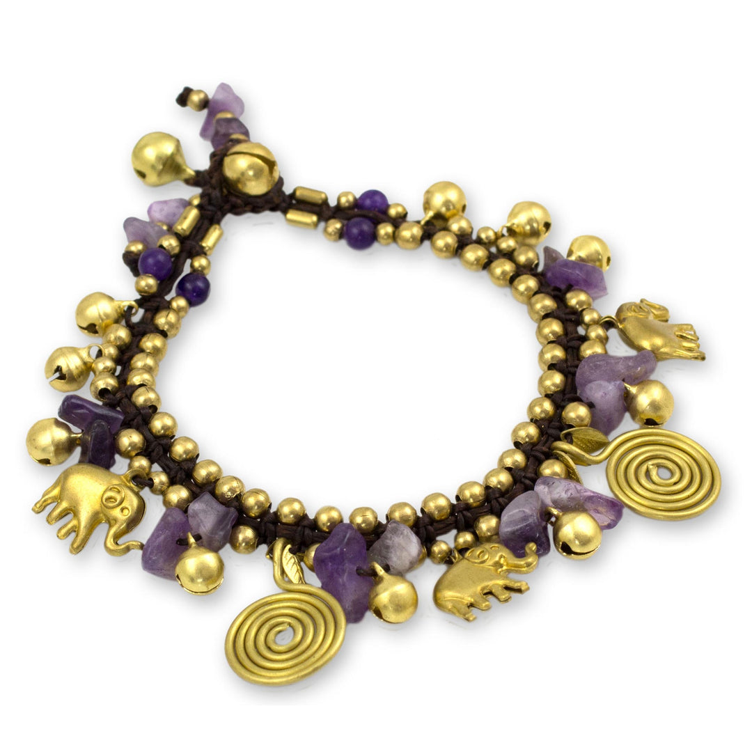 Hand Crafted Brass and Amethyst Elephant Charm Bracelet - Splendor of Siam