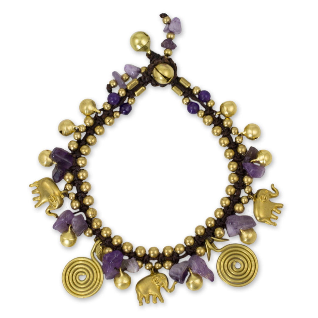 Hand Crafted Brass and Amethyst Elephant Charm Bracelet - Splendor of Siam