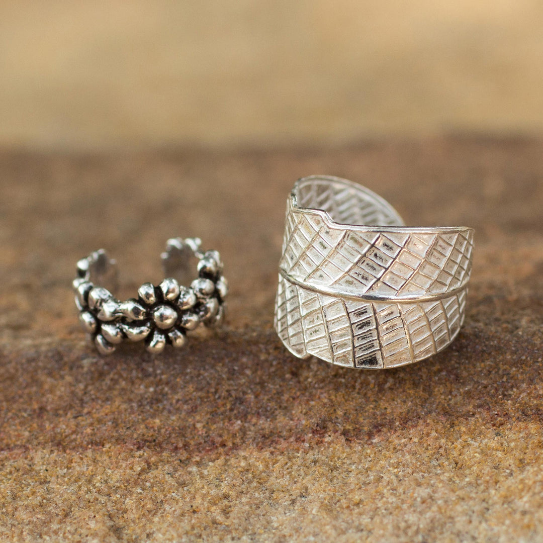 Sterling silver ear cuff earrings (Pair) - Foliage and Flowers