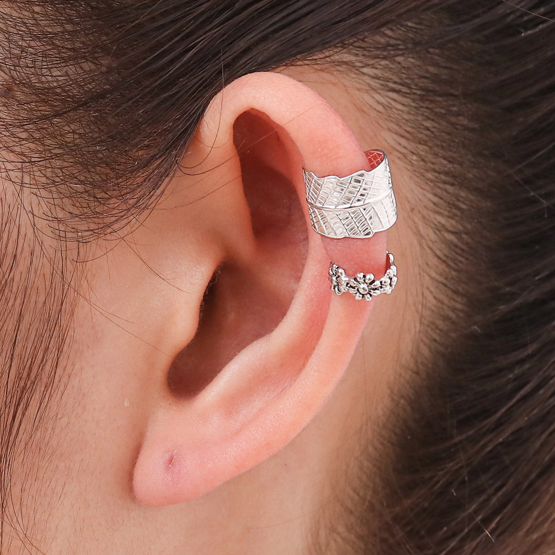 Sterling silver ear cuff earrings (Pair) - Foliage and Flowers