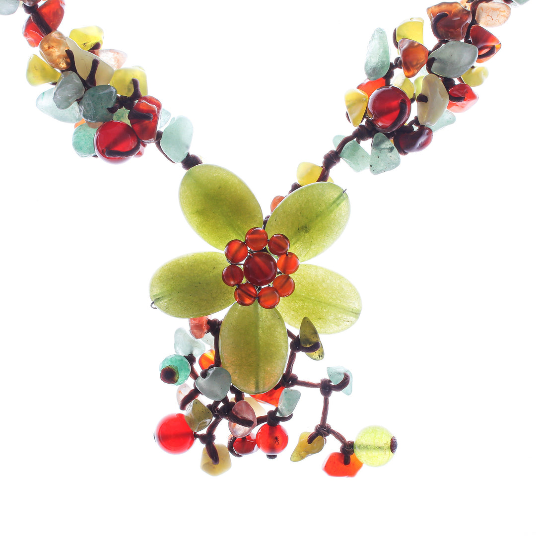 Hand Made Floral Carnelian and Serpentine Necklace - Dazzling Bloom