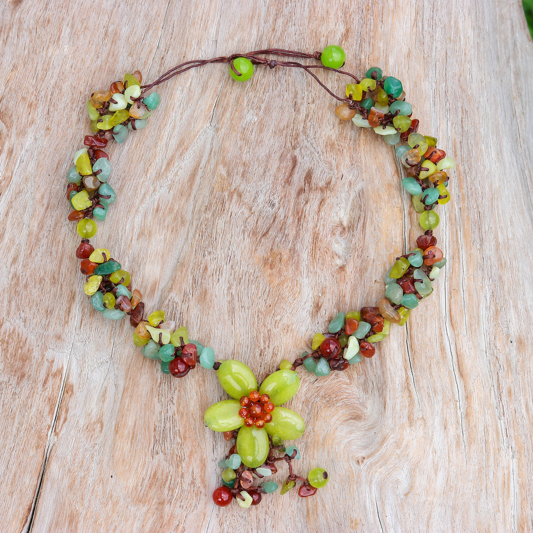 Hand Made Floral Carnelian and Serpentine Necklace - Dazzling Bloom