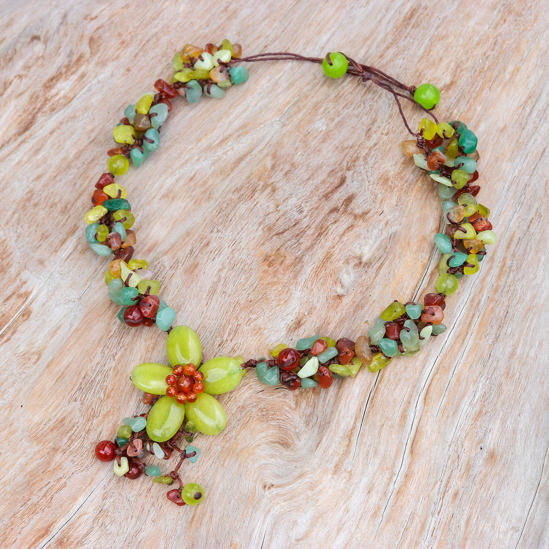Hand Made Floral Carnelian and Serpentine Necklace - Dazzling Bloom