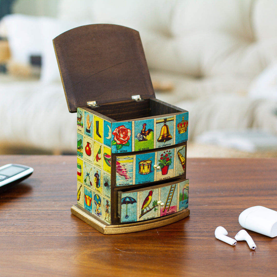 Mexican Bingo Decoupage on Wood Jewelry Box - Mexican Loteria