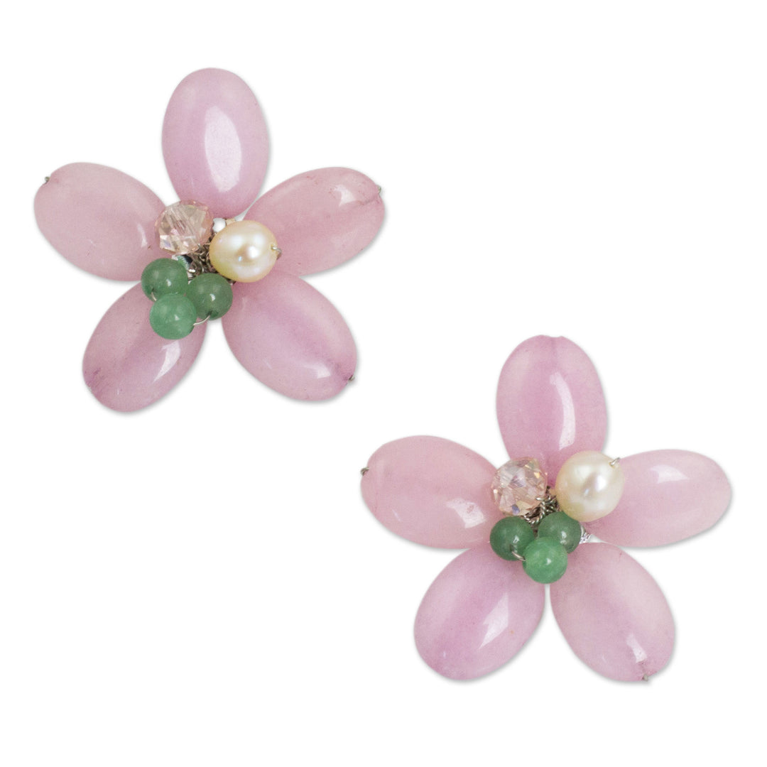 Pink and Green Flower Earrings with Pearl - Pink Thai Daisy