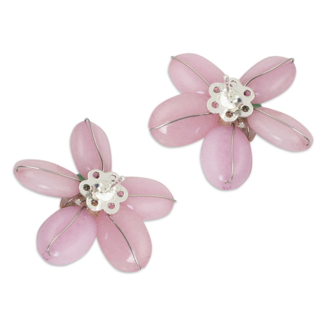 Pink and Green Flower Earrings with Pearl - Pink Thai Daisy