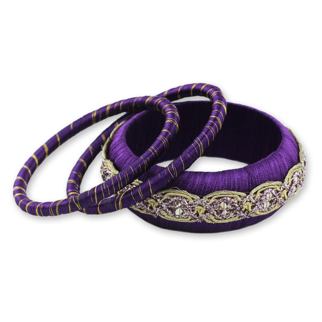 Beaded Artisan Crafted Bangle Bracelets (Set of 3) - Royal Purple