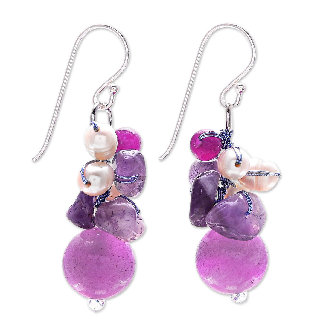 Handcrafted Pearl Amethyst Quartz Cluster Earrings - Sweet Lavender