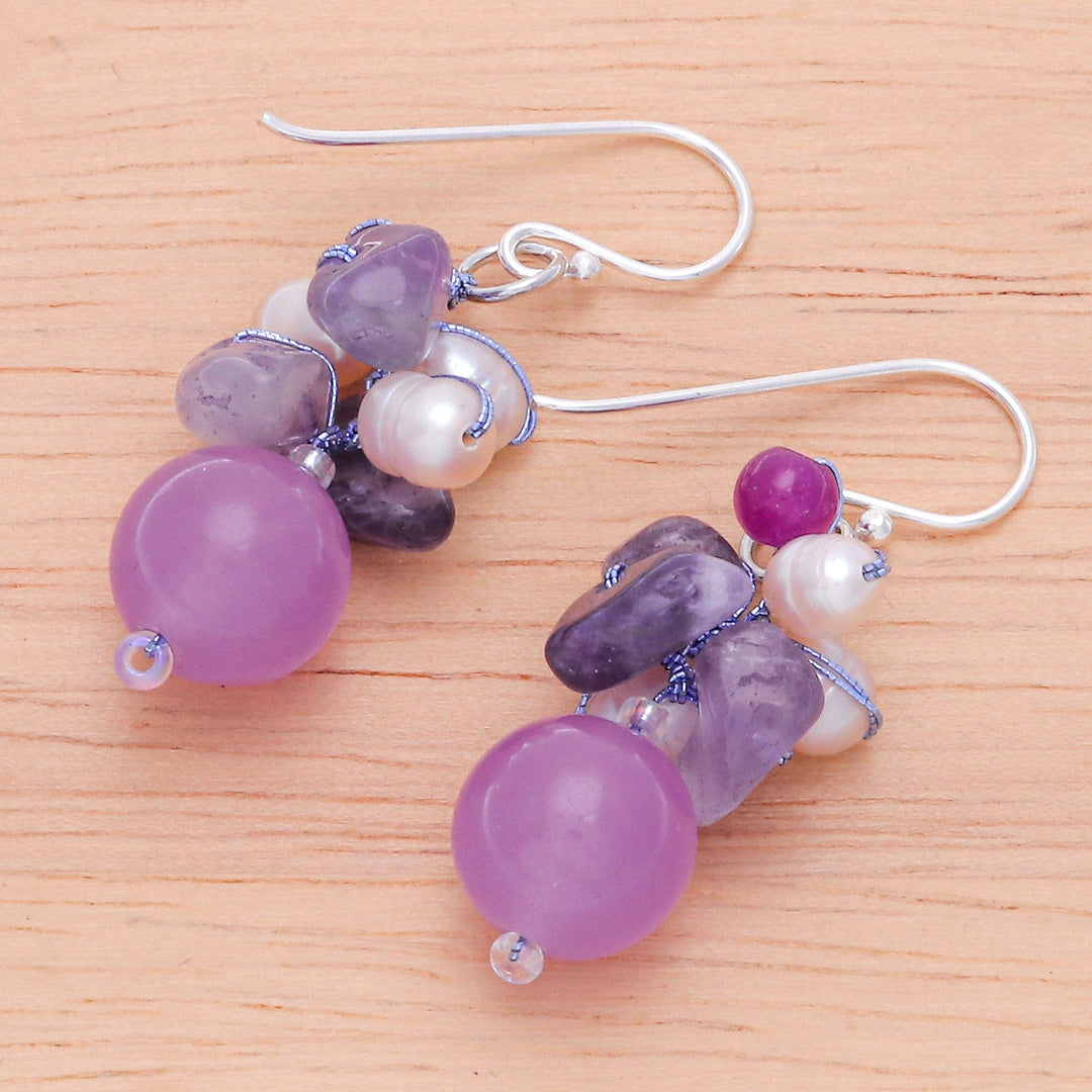 Handcrafted Pearl Amethyst Quartz Cluster Earrings - Sweet Lavender
