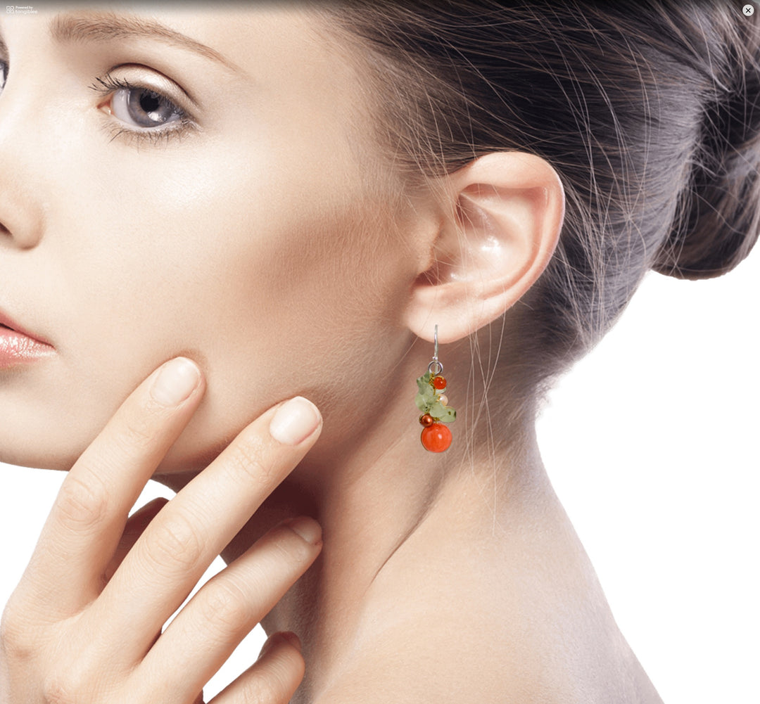 Handcrafted Pearl Carnelian Prehnite Cluster Earrings - Spicy Peach