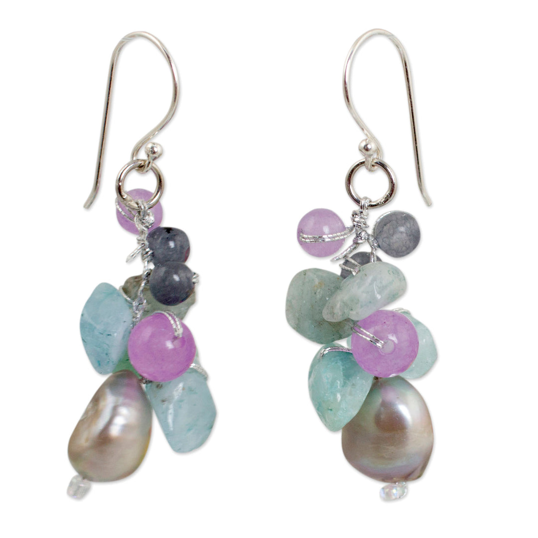 Pearl Aquamarine Quartz Cluster Earrings - Clover