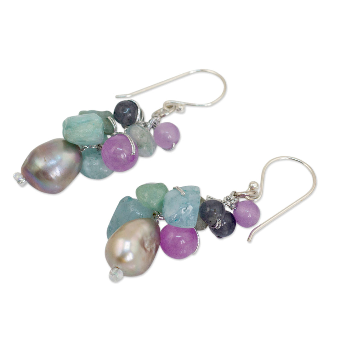 Pearl Aquamarine Quartz Cluster Earrings - Clover