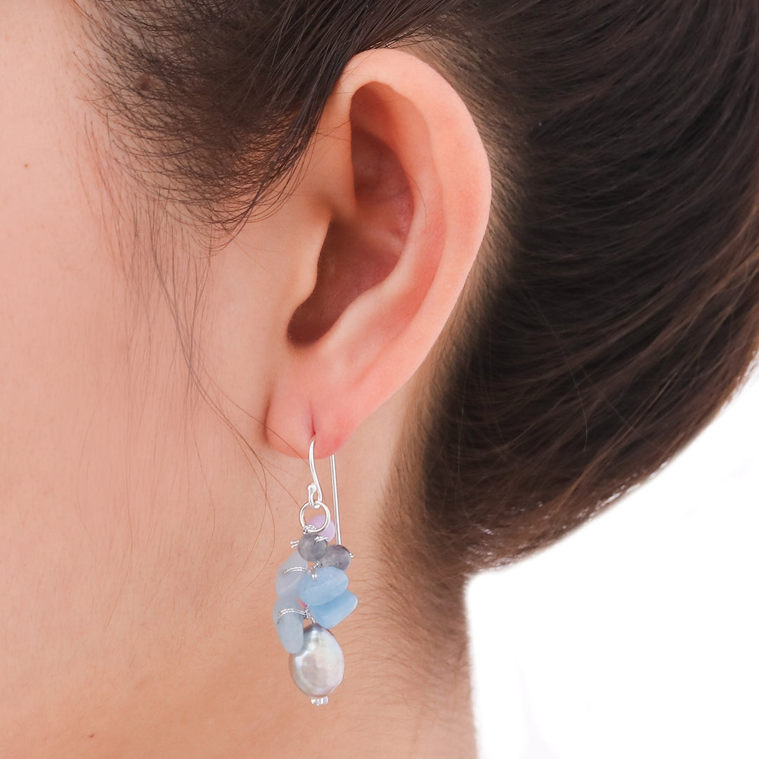 Pearl Aquamarine Quartz Cluster Earrings - Clover