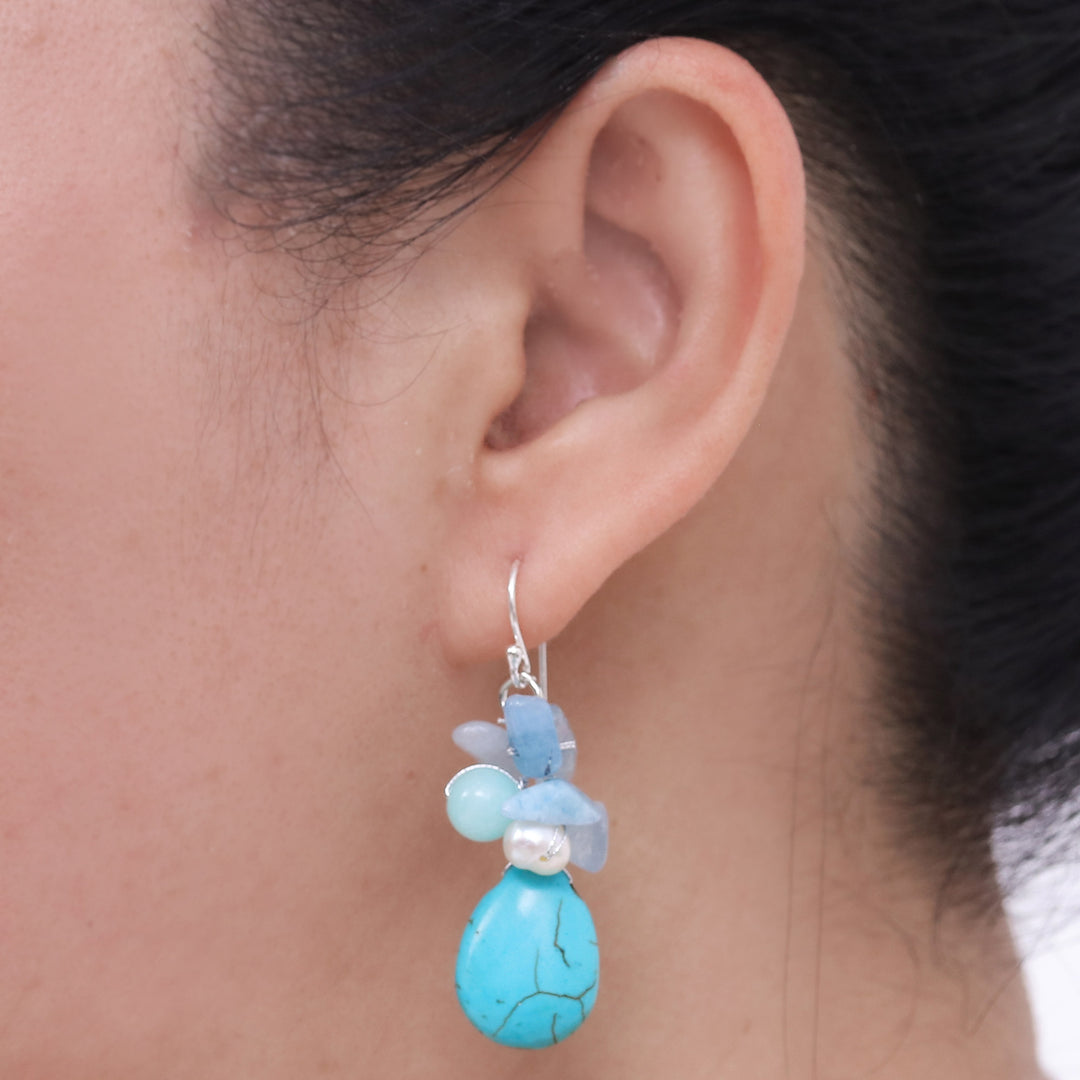 Handmade Pearl Aquamarine Blue Calcite Earrings Thailand - Cool Beauty