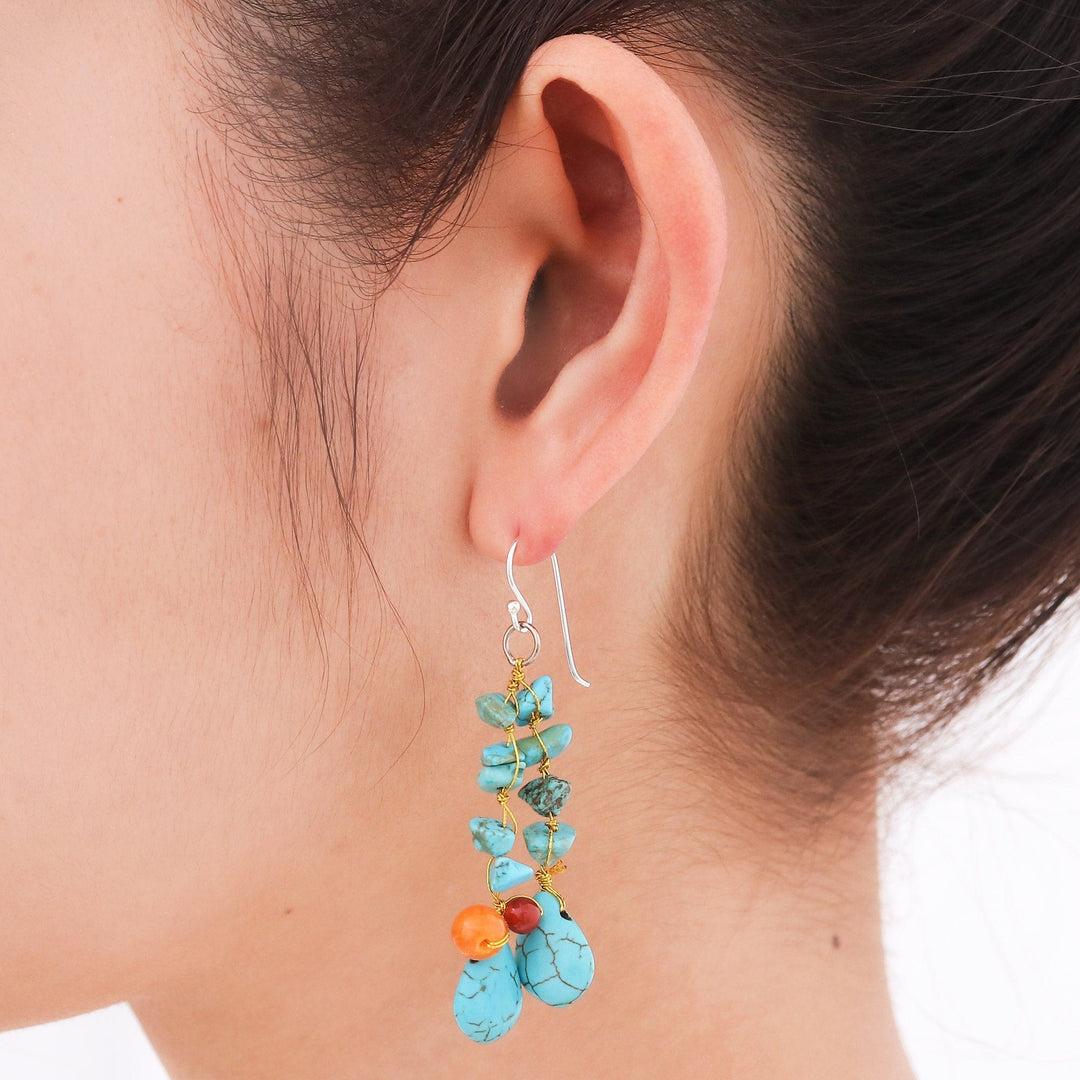 Unique Turquoise Colored Handcrafted Earrings with Carnelian - Tropical Sea