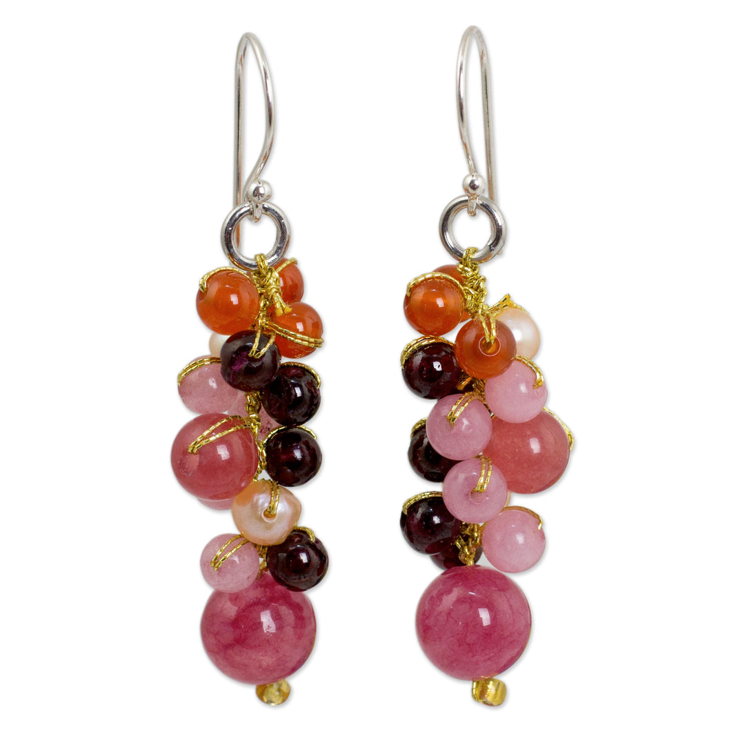 Beaded Pearl Carnelian and Quartz Handmade Earrings - Rosy Vineyard