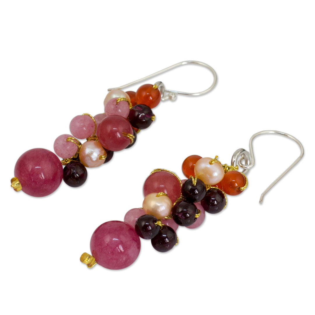 Beaded Pearl Carnelian and Quartz Handmade Earrings - Rosy Vineyard