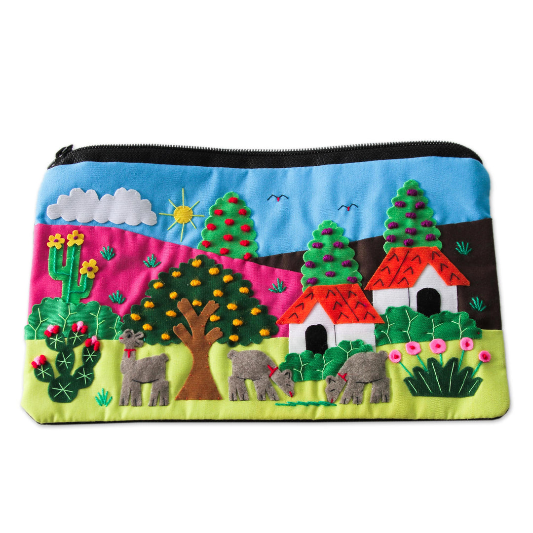 Cotton Applique Folk Art Cosmetic Bag - Country Scene