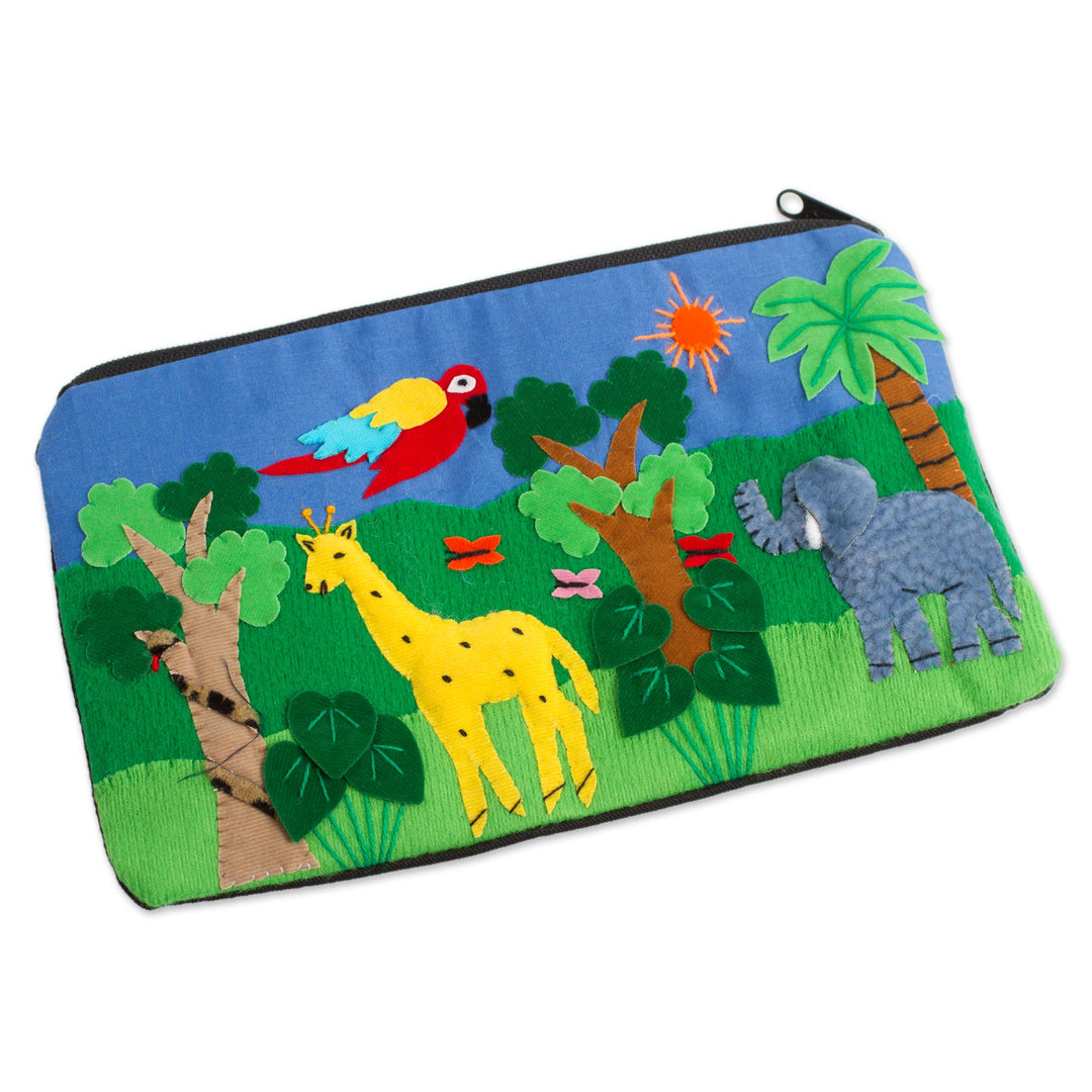 Cotton Applique Folk Art Cosmetic Bag - Jungle Friends