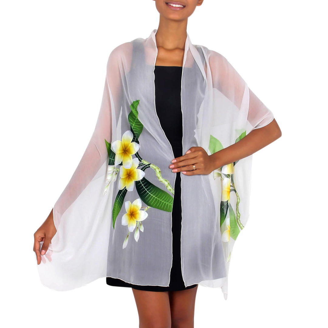 Handpainted Floral Sheer Silk Shawl - Yellow Frangipani
