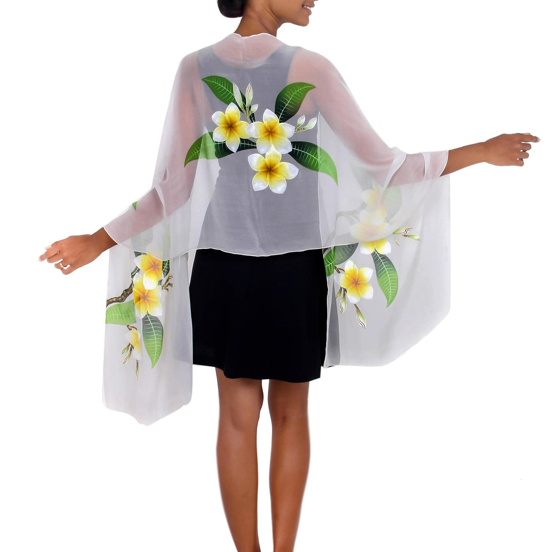 Handpainted Floral Sheer Silk Shawl - Yellow Frangipani