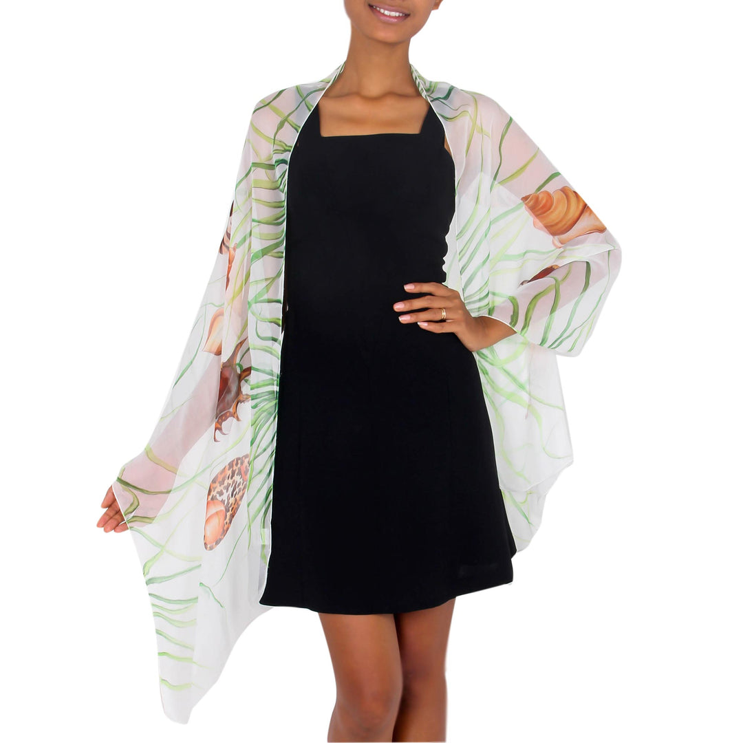 Handpainted White Silk Shawl with Seashells - Balinese Seashells