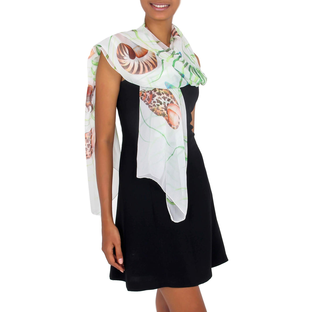 Handpainted White Silk Shawl with Seashells - Balinese Seashells