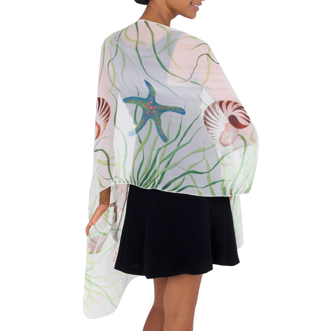 Handpainted White Silk Shawl with Seashells - Balinese Seashells