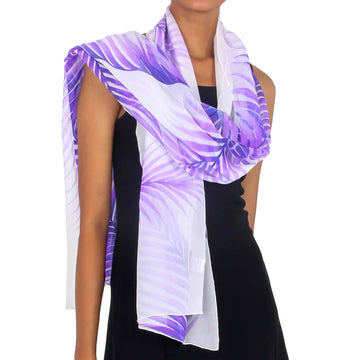Handpainted Sheer White Silk Shawl with Purple Ferns - Purple Fern Shadow
