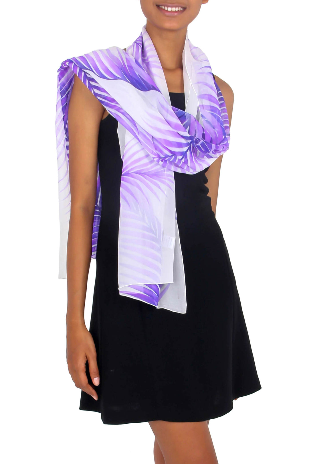 Handpainted Sheer White Silk Shawl with Purple Ferns - Purple Fern Shadow