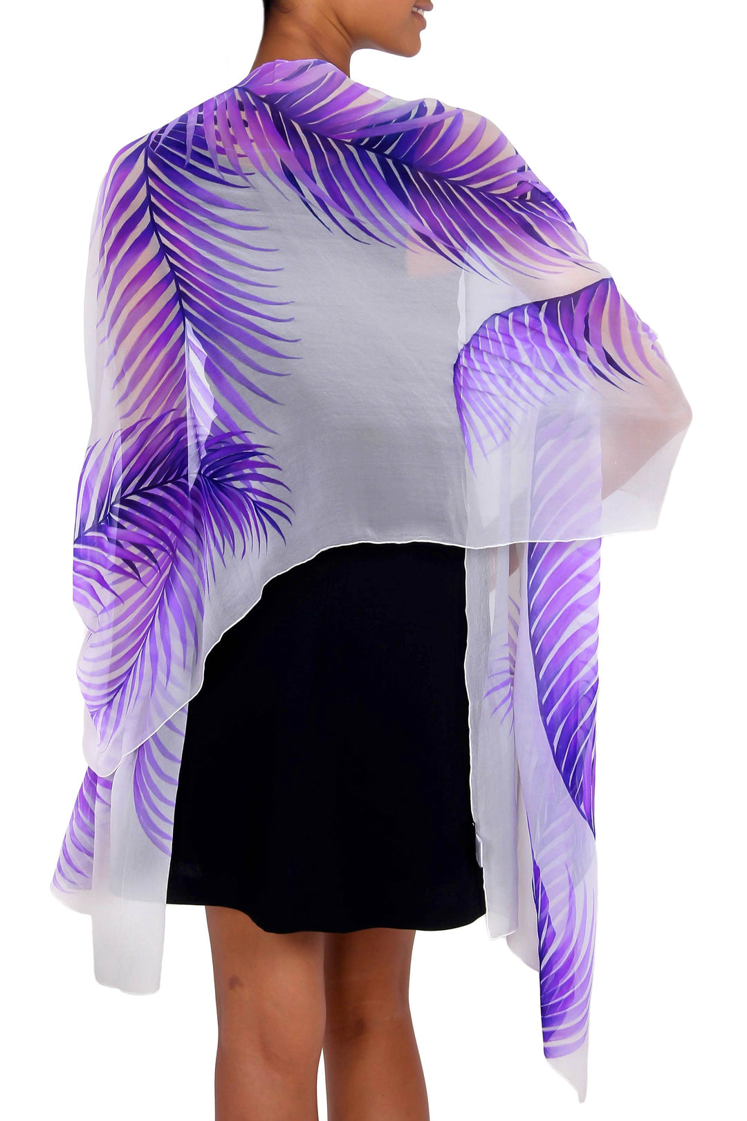 Handpainted Sheer White Silk Shawl with Purple Ferns - Purple Fern Shadow