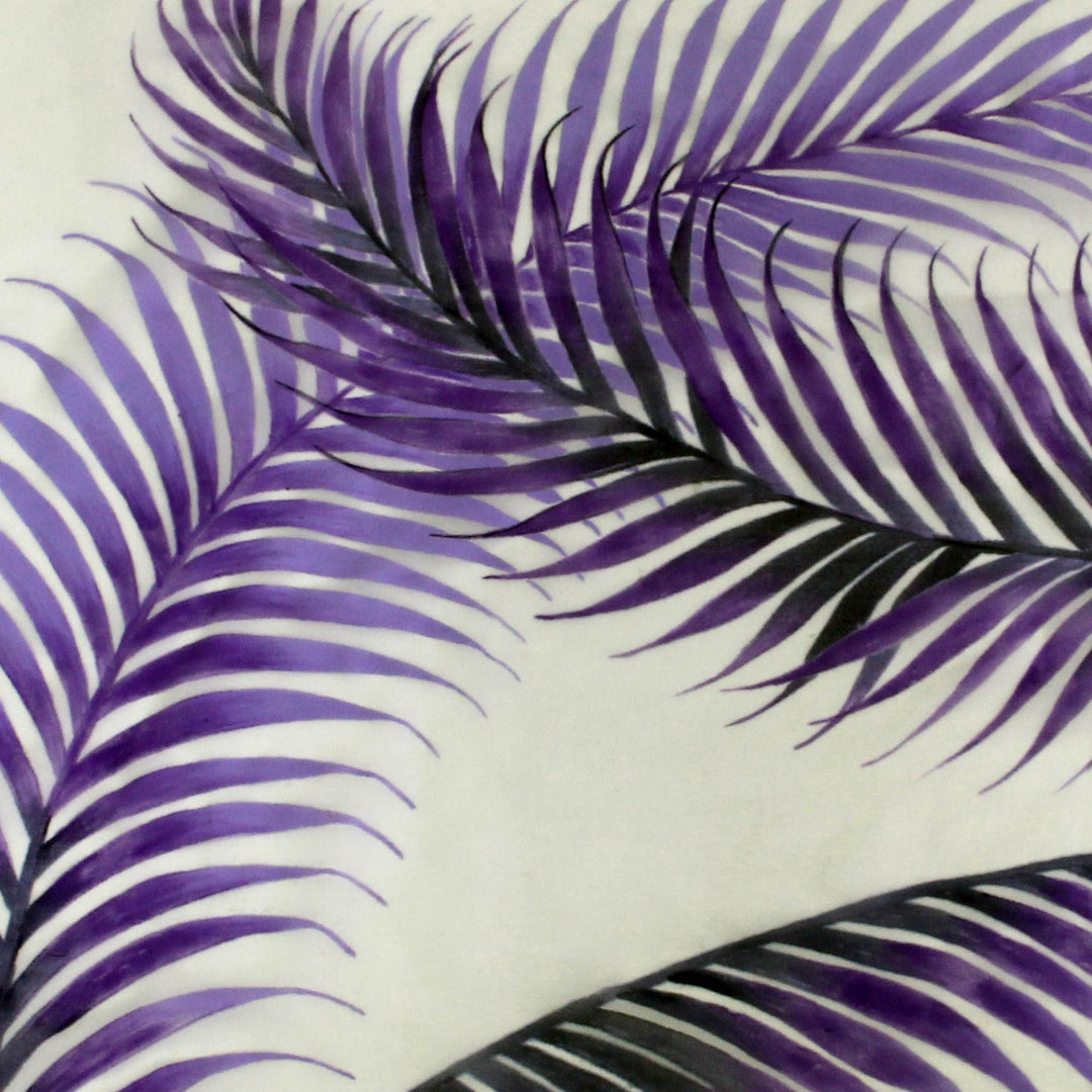 Handpainted Sheer White Silk Shawl with Purple Ferns - Purple Fern Shadow