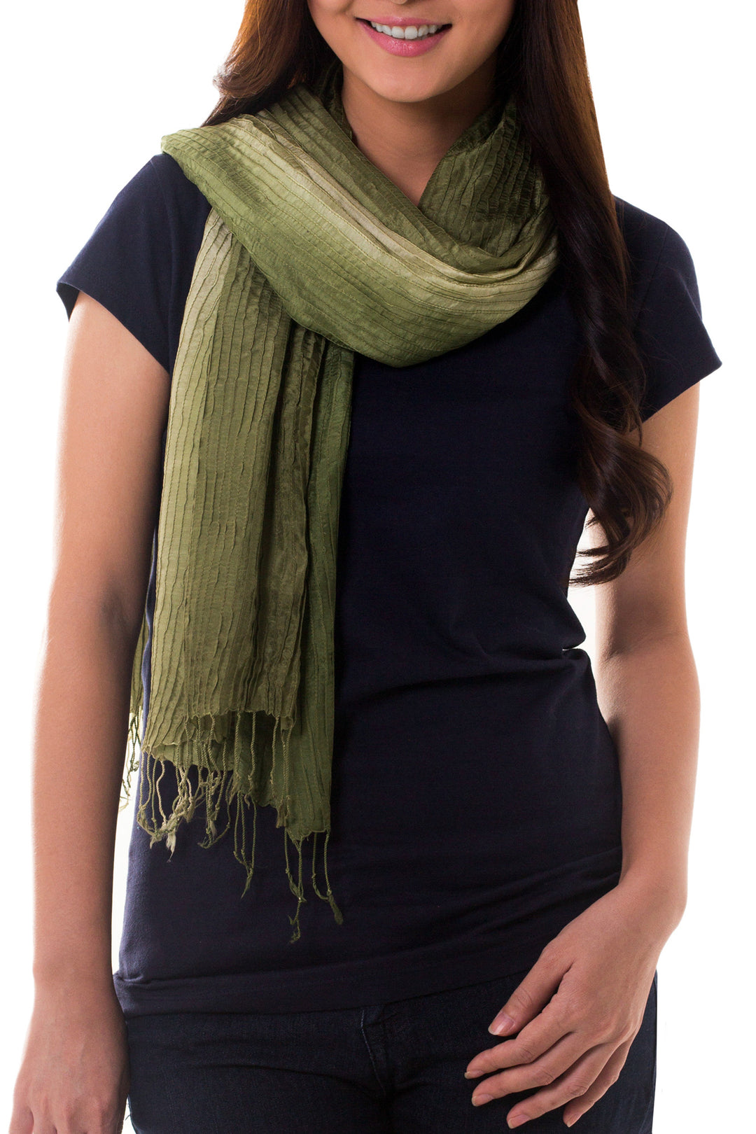 Thai Silk Pin Tuck Scarf Shading from Sage to Olive - Olive Sage Transition