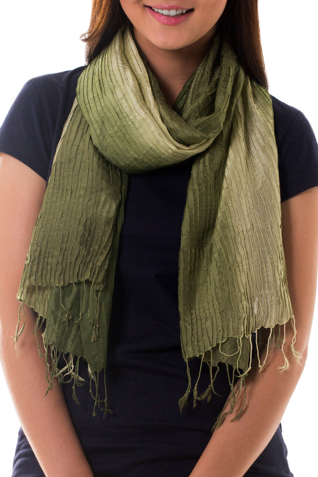 Thai Silk Pin Tuck Scarf Shading from Sage to Olive - Olive Sage Transition
