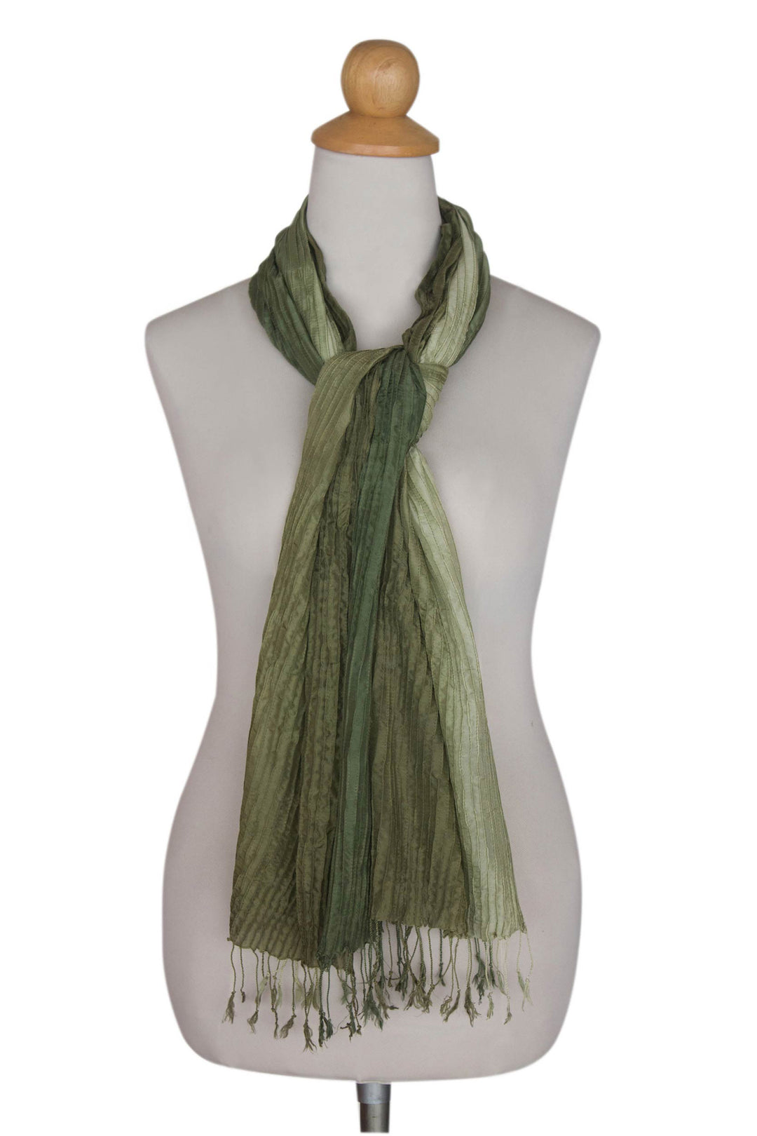 Thai Silk Pin Tuck Scarf Shading from Sage to Olive - Olive Sage Transition