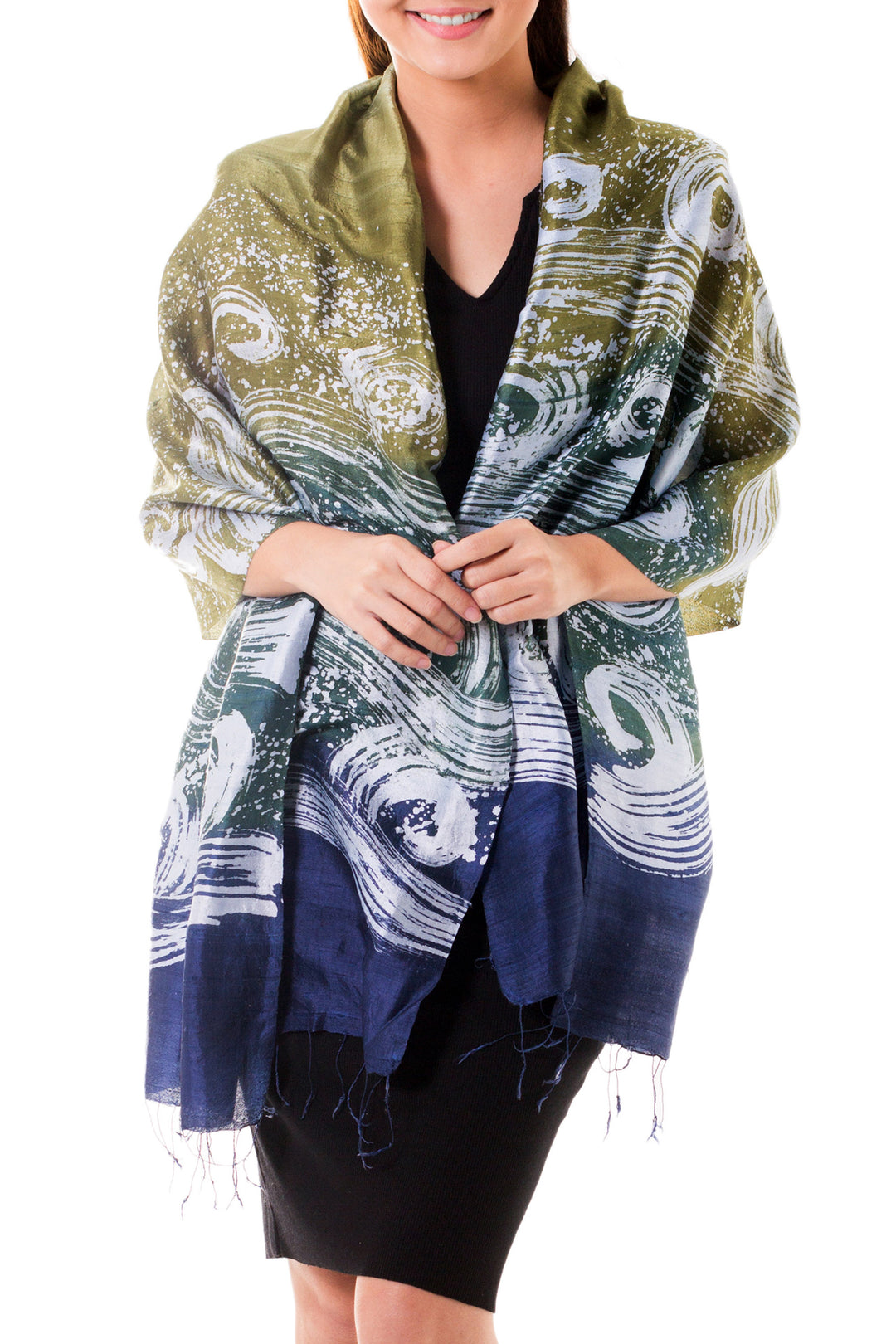 Silk Batik Shawl in Green and Blue from Thailand - Ocean Cliff
